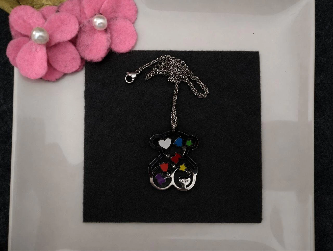 Silver Bear-Shaped Pendant Necklace with Multi-Color Charms (